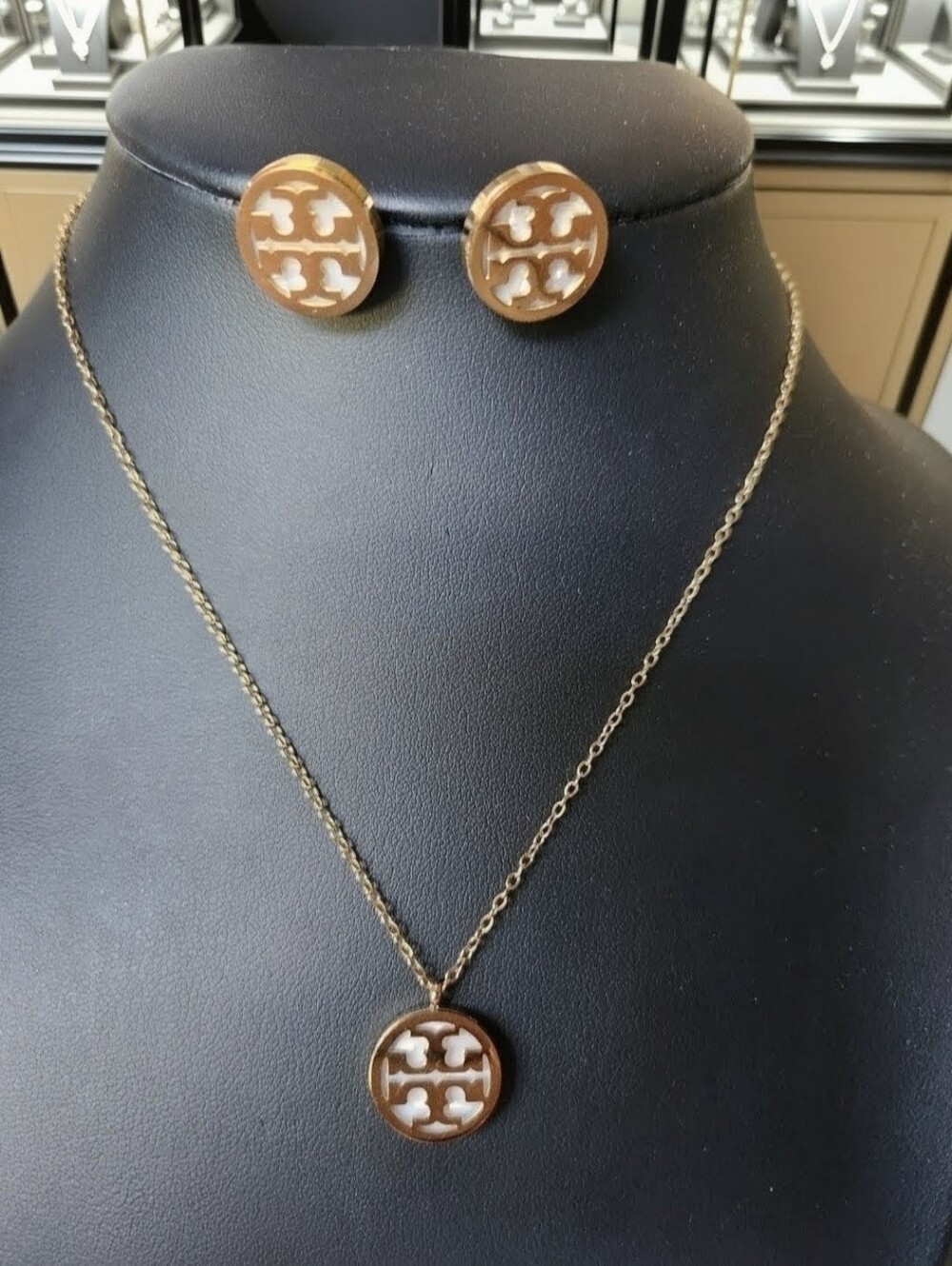 Tory Burch Gold-Tone Logo Stud Earrings with Mother Of Pearl Inset